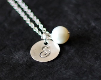Monogram Sterling Silver Necklace with Fresh water pearl  or Birthstone Crystal- Bridesmaids Custom Initial Charm Necklace