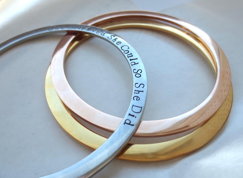 Personalized Flat Cuff Bracelet Handstamped Custom Bracelet Silver Bangle Gold Bangle Rose Gold Bangle Mother's day gift affirmation DW002 image 2