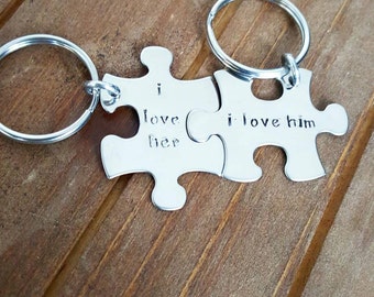 His and Hers Personalized Puzzle Piece Key chain - Couple -2 pieces- Hand Stamped Personalized - Name - Wedding Date- Bridal Party