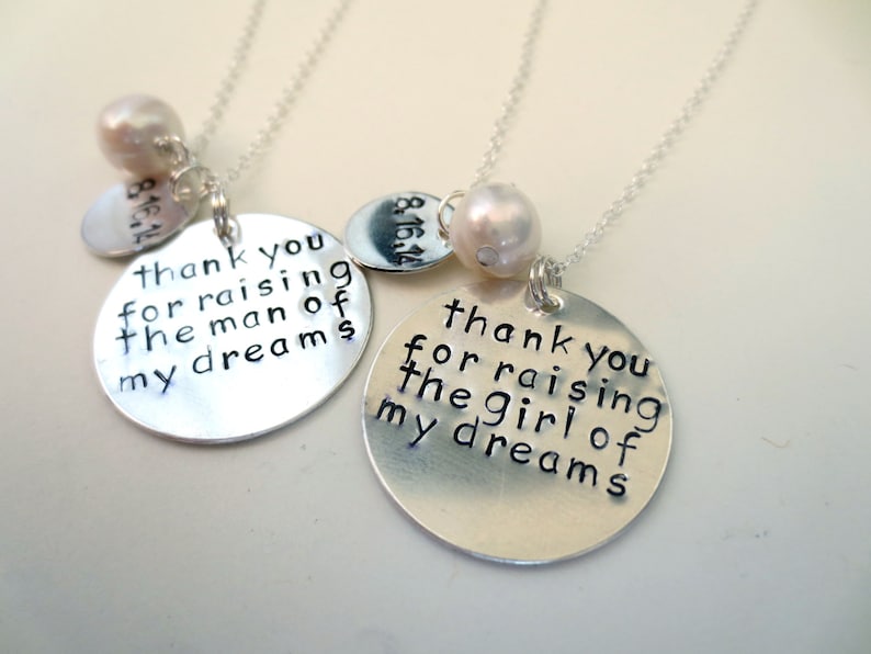 Thank You For Raising The Man and Girl of My Dreams Mother In Law Set of Necklaces With Dates and Pearl Birthstone Wedding Gift SET Set of 2