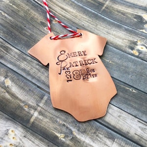 Baby&#39;s First Christmas Personalized  Ornament - Hand Stamped Christmas Ornament - Onesie Baby Stats Ornament - Custom Christmas Gift