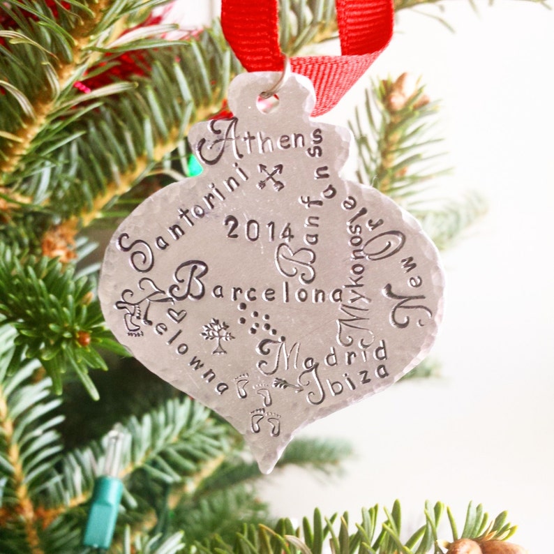 Travel Personalized Christmas Ornament Hand Stamped Ornament Anniversary Our First Christmas Custom Gift Baby's First Wedding image 1