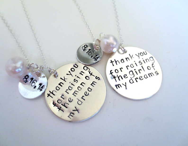 Thank You For Raising The Man and Girl of My Dreams Mother In Law Set of Necklaces With Dates and Pearl Birthstone Wedding Gift SET Set of 2