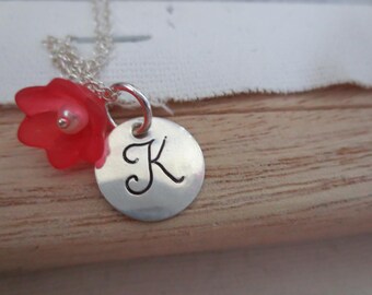 Monogram Sterling Silver Necklace with Flower and freshwater pearl - Bridesmaids Custom Initial Charm Necklace
