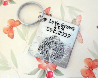 Love Grows Tree of Life Key Chain Hand Stamped He asked She said Yes Engagement Gift Wedding Anniversary  Wedding Gift