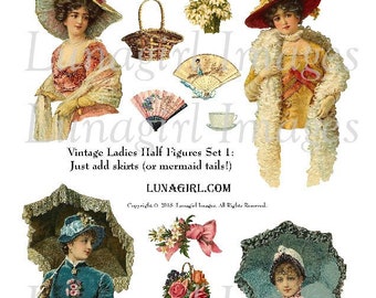 VICTORIAN WOMEN Half Figures digital collage sheet, vintage women & girls, Paper Dolls, flowers fans parasols, altered art Ephemera DOWNLOAD