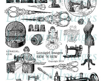 VINTAGE SEWING digital collage sheet, Victorian sewing machines notions thimbles antique scissors sewist clipart steampunk ephemera DOWNLOAD