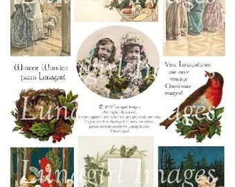 WINTER WONDER Vintage Christmas digital collage sheet, Victorian children girls, holiday cards, bird nest, vintage angels, ephemera DOWNLOAD