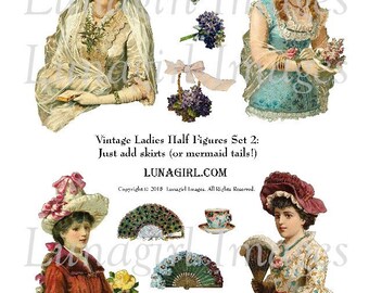 VICTORIAN WOMEN Half Figures feuille de collage numérique, vintage femmes & filles, poupées en papier, fleurs fans tasses à thé, art altéré Ephemera TÉLÉCHARGER