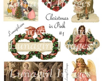 PINK CHRISTMAS digital collage sheet, Victorian angels holly tag Santa Claus vintage Christmas holidays images altered art ephemera DOWNLOAD