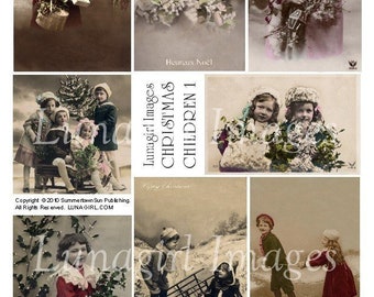 CHRISTMAS CHILDREN digital collage sheet, vintage photos Victorian holidays images snow girls French postcards altered art ephemera DOWNLOAD