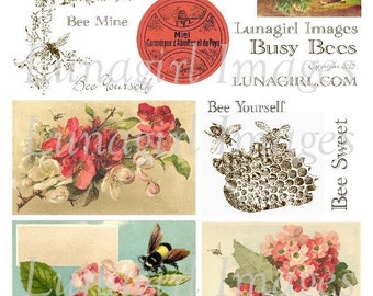 Vintage BEES digital collage sheet, shabby Victorian art honeybee bumblebee flowers garden bugs BEEHIVE antique printables Ephemera DOWNLOAD