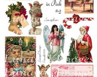 PINK CHRISTMAS digital collage sheet, Victorian Santa angels, vintage Christmas holiday images, candy canes,  altered art ephemera DOWNLOAD