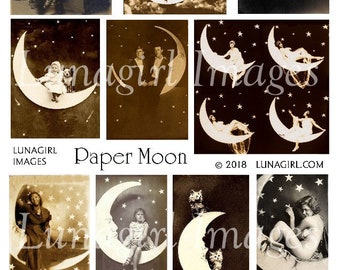PAPER MOON digital collage sheet, Vintage Photos, sepia postcards, crescent moon pictures women men children couples cats, Ephemera DOWNLOAD