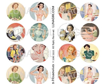 Puede incluir: Una hoja de círculos de 1,5 pulgadas con ilustraciones vintage de mujeres en varios entornos domésticos. Las imágenes son de estilo retro, con una paleta de colores pastel y brillantes. El texto en la hoja dice "Lunagirl 1.5-inch circles Fifties Housewives".
