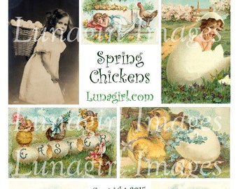 SPRING CHICKENS digital collage sheet, Victorian Easter chicks eggs children, vintage images antique postcards ephemera altered art DOWNLOAD