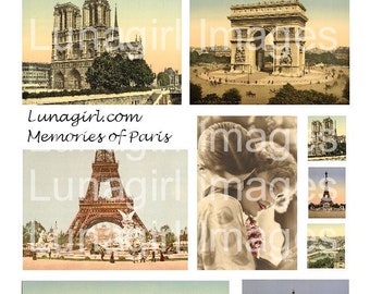 Vintage PARIS PHOTOS digital collage sheet, tinted travel postcards art, Eiffel Tower, Notre Dame, romantic couple, French ephemera DOWNLOAD