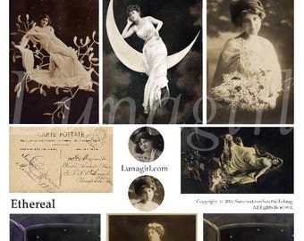 ETHEREAL women digital collage sheet, Moon Goddess art myth lunar risque antique sepia photos, Victorian Edwardian vintage ephemera DOWNLOAD