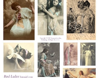 BIRD LADIES digital collage sheet, Vintage Photos, tinted postcards, Gothic Victorian Women, Girls with Birds doves, art ephemera DOWNLOAD