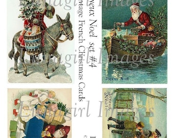 May include: Vintage French Christmas card set #4 featuring four festive illustrations. Santa Claus is depicted in various scenes: riding a donkey, navigating a boat, driving a car, and assisting children. The cards have a classic, nostalgic aesthetic.