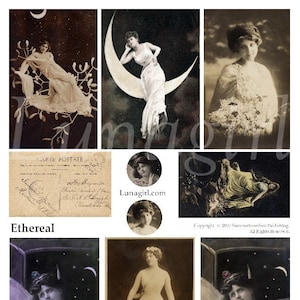 ETHEREAL women digital collage sheet, Moon Goddess art myth lunar risque antique sepia photos, Victorian Edwardian vintage ephemera DOWNLOAD