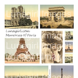 Vintage PARIS PHOTOS hoja de collage digital, postales de viaje teñidas de arte, Torre Eiffel, Notre Dame, pareja romántica, efímera francesa DESCARGAR