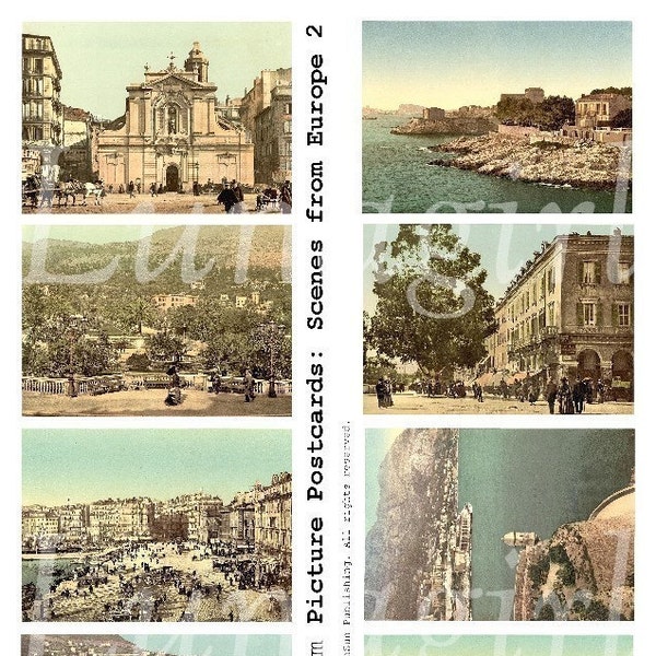 Vintage POSTCARDS EUROPE digital collage sheet Scenic travel photos backgrounds Riviera Mediterranean scene antique French ephemera DOWNLOAD