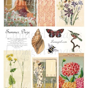 May include: A collection of vintage illustrations featuring botanical and artistic themes. The collage includes a painting of a woman, floral patterns, a seashell, a butterfly, a hummingbird, a bee, and various plant drawings. The text "Summer Daze" is visible.