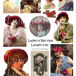 LADIES rote Hüte, digitale Collage Blatt, Flappers Hüte Vintage Fotos getönte Postkarten, Frauen rote Hüte, viktorianischen Edwardian Ephemera DOWNLOAD