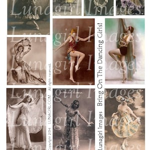 Arkusz kolażu cyfrowego DANCING GIRLS, zdjęcia archiwalne Showgirls, ryzykowne tancerki, kobiety w stylu flappers, kostiumy kabaretowe, zmienione efemerydy artystyczne POBIERZ