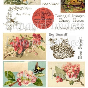 Vintage BEES digital collage sheet, shabby Victorian art honeybee bumblebee flowers garden bugs BEEHIVE antique printables Ephemera DOWNLOAD