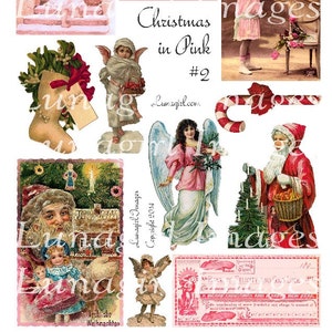 PINK CHRISTMAS digital collage sheet, Victorian Santa angels, vintage Christmas holiday images, candy canes,  altered art ephemera DOWNLOAD