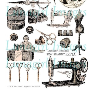 SEW Shabby Sepia feuille de collage numérique images vintage Victorian machine à coudre notions thimble dressform antique ciseaux, Ephemera TÉLÉCHARGER