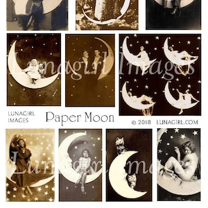 PAPER MOON digital collage sheet, Vintage Fotos, Sepia Postkarten, Halbmond Bilder Frauen Männer Kinder Paare Katzen, Ephemera DOWNLOAD