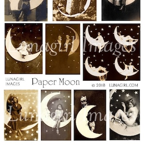 PAPER MOON digital collage sheet, Vintage Photos, sepia postcards, crescent moon pictures women men children couples cats, Ephemera DOWNLOAD