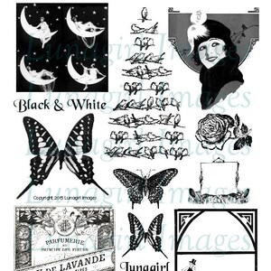 Puede incluir: Una colección de ilustraciones vintage en blanco y negro. Las imágenes incluyen mariposas, pájaros en ramas, una mujer con sombrero, una rosa y etiquetas de perfume. También se ve el texto "Black & White" y "Lunagirl.com".