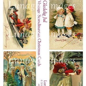 Tarjetas navideñas escandinavas antiguas, hojas de collage digital, elfos navideños victorianos, postales navideñas antiguas, arte efímero DESCARGAR