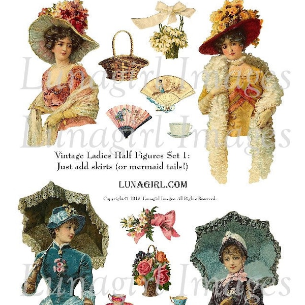 VICTORIAN WOMEN Half Figures digital collage sheet, Vintage Frauen & Mädchen, Papier Puppen, Blumen Fans Sonnenschirme, veränderte Kunst Ephemera DOWNLOAD