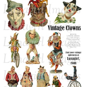 PALHAÇOS VINTAGE, folha de colagem digital, circo vitoriano, palhaços de circo vintage, palhaços vitorianos, arte steampunk antiga, coisas efêmeras DOWNLOAD
