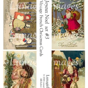 Hoja de collage digital de tarjetas navideñas francesas antiguas, Papá Noel, muñeco de nieve, ángeles navideños, postales navideñas antiguas, arte efímero DESCARGAR