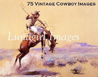 Download 75 COWBOY images, WESTERN ART, Vintage cowboys, vintage horses, vintage rodeo, American West, antique art illustration, digital art