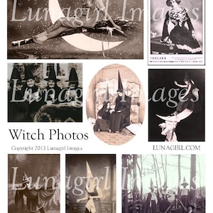 May include: A collection of vintage sepia-toned photographs featuring witch-themed imagery. The images include a woman riding a broom on a crescent moon, and other scenes of people dressed as witches. The text "Witch Photos" and "Lunagirl Images" are visible.