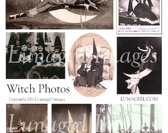 FOTO DI STREGHE foglio di collage digitale, immagini di Halloween vintage, cappelli luna donne ragazze costumi antichi spettrali, arte alterata effimera DOWNLOAD
