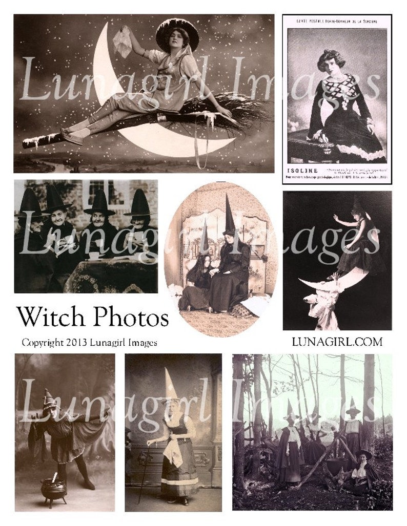 WITCHES PHOTOS digital collage sheet, Vintage Halloween images, hats moon women girls spooky antique costumes, ephemera altered art DOWNLOAD 