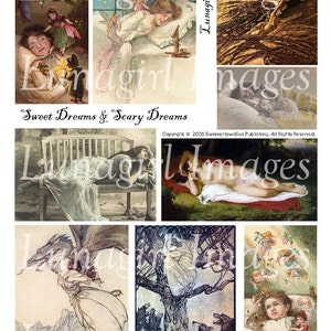 DREAMS NIGHTMARES digital collage sheet, vintage fairy tales art, fantasy illustration, sleeping girls, Victorian Vintage Ephemera DOWNLOAD