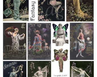 FANTASY FLAPPERS digital collage sheet, French postcards vintage photos women ladies, butterfly wings dark gothic goddess, ephemera DOWNLOAD