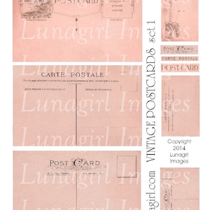 Coral Pink VINTAGE POSTCARDS digital collage sheet, blank carte postale backgrounds, peach altered art cards, French Paris ephemera DOWNLOAD