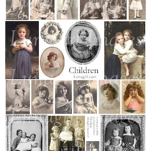 ENFANTS feuille de collage numérique, photos vintage filles victoriennes sœurs frères, cartes postales teintées éphémères cartes d’art antique artisanat TÉLÉCHARGER