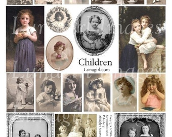 CHILDREN digital collage sheet, vintage photos Victorian girls sisters brothers, tinted postcards ephemera antique art cards crafts DOWNLOAD
