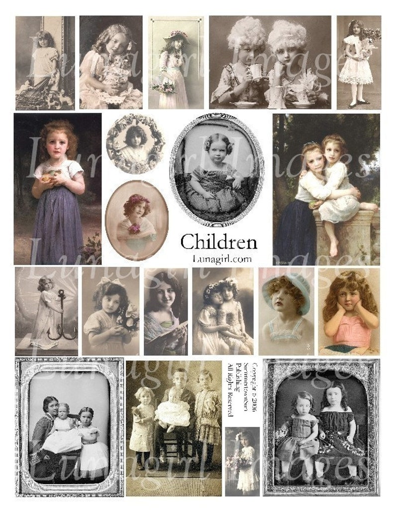 CHILDREN digital collage sheet, vintage photos Victorian girls sisters brothers, tinted postcards ephemera antique art cards crafts DOWNLOAD image 1